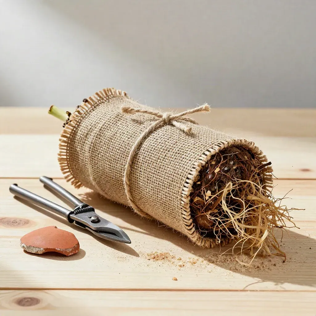 Sapling root ball wrapped in burlap with snips, twine, and terracotta shard on pale wood.