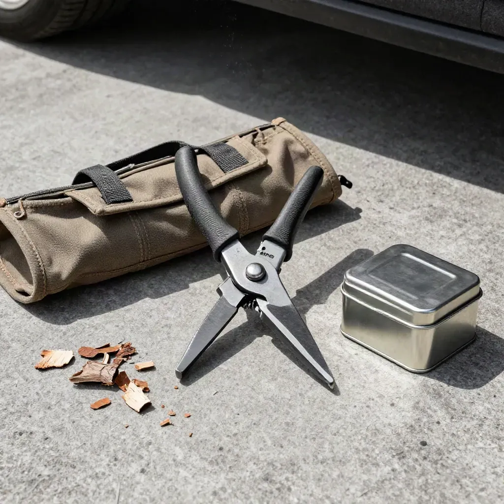 Overhead still life of loppers, canvas tool roll, bark chips, and a metal field tin on brushed concrete.