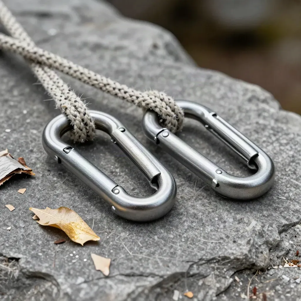 Climber rope hitch with carabiners, buckle, and bark fragments on stone.