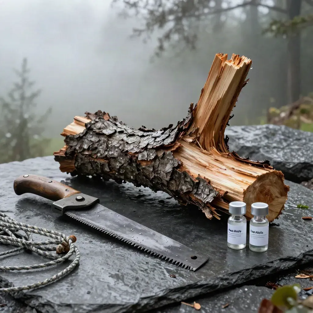 Storm-snapped oak limb, pruning saw, throw line, and sample vials on wet slate after rain.