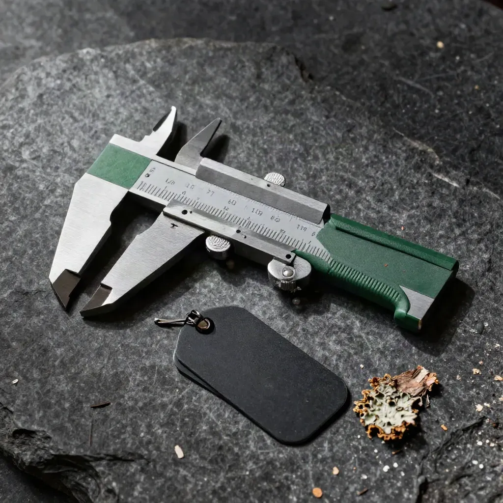 Open trunk caliper, field tag clip, and bark flakes on dark stone