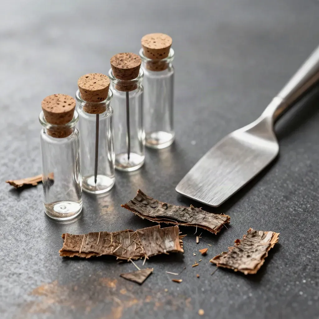 Extreme macro of arboriculture sample vials, insect pins, bark slivers, and a steel spatula on charcoal metal.