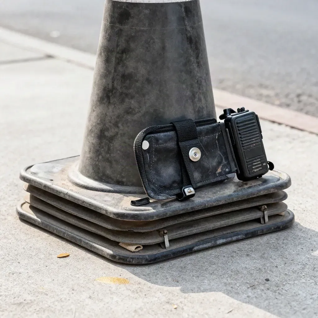 Urban forestry kit with cone base, saw scabbard and radio cradle on pale concrete.