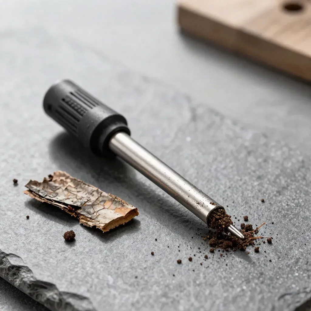 Top-down macro of a soil moisture probe with bark chips on dark stone.
