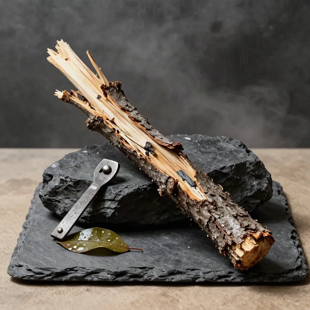 Storm-split branch fork with wet leaves and a pruning wedge on rough stone under dramatic light.