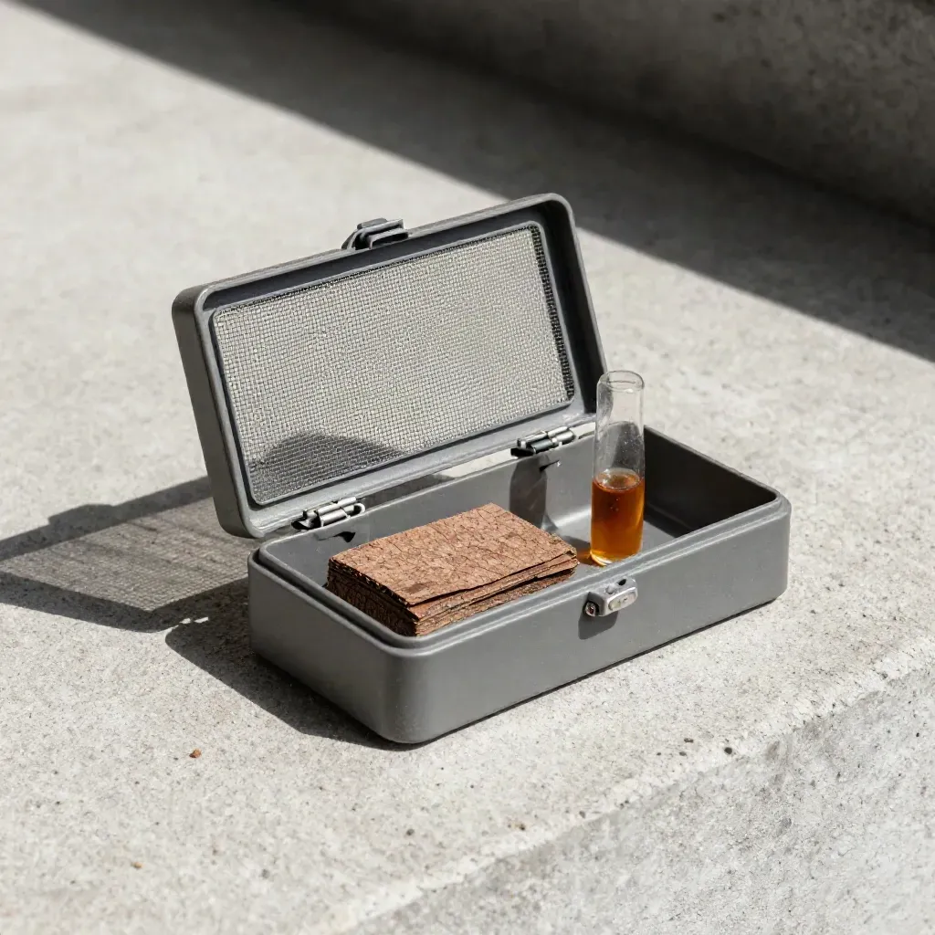 Open pheromone tree trap with sample vial on a concrete ledge, viewed straight down.