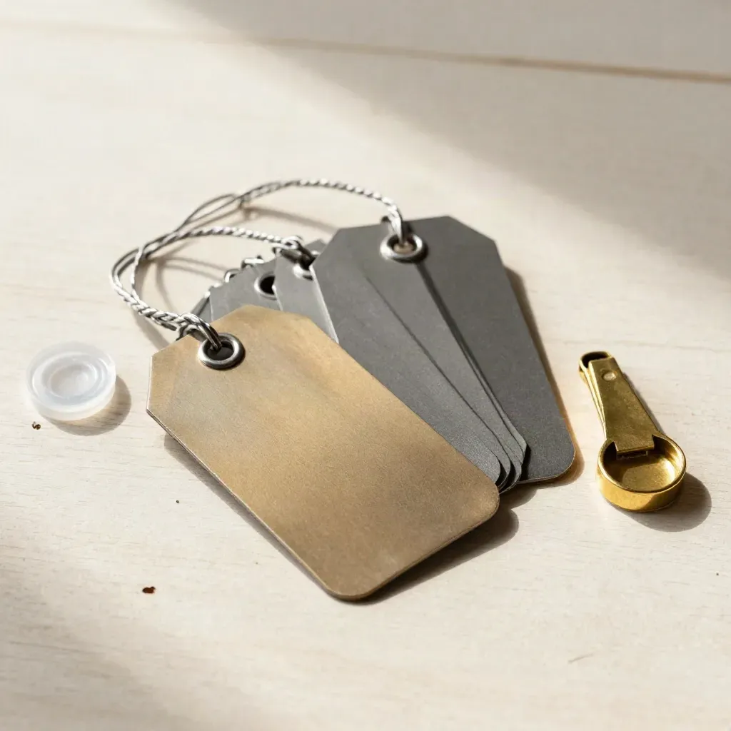 Blank inspection tags, cable seal, and brass clip on pale wood