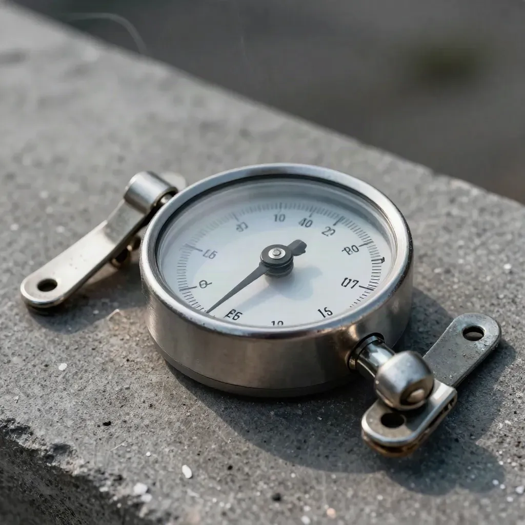 Macro of a wind gauge and storm-brace clips on graphite concrete, caught in a gust