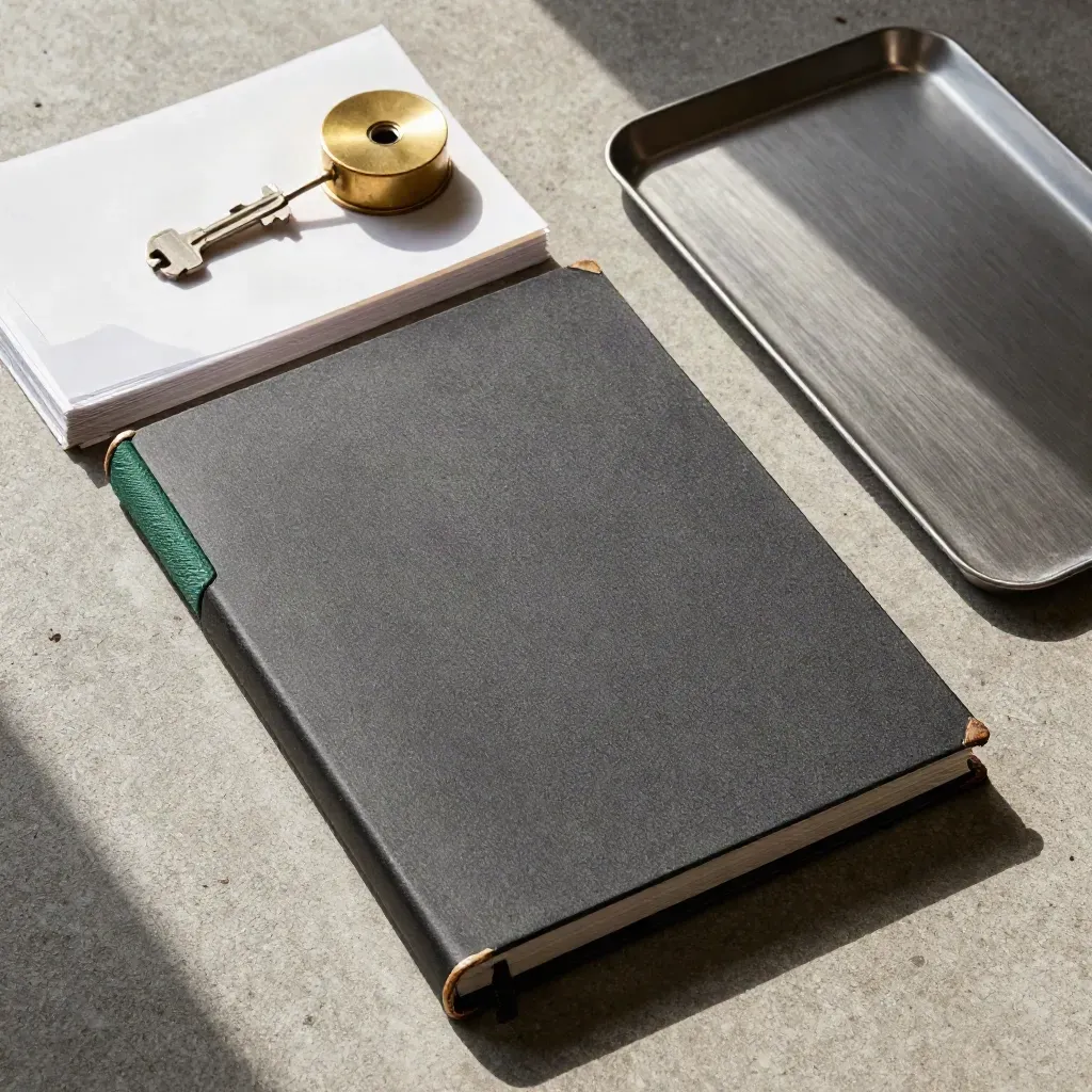 Closed report binder, photo sleeves, and brass paperweight on brushed metal under dramatic light.