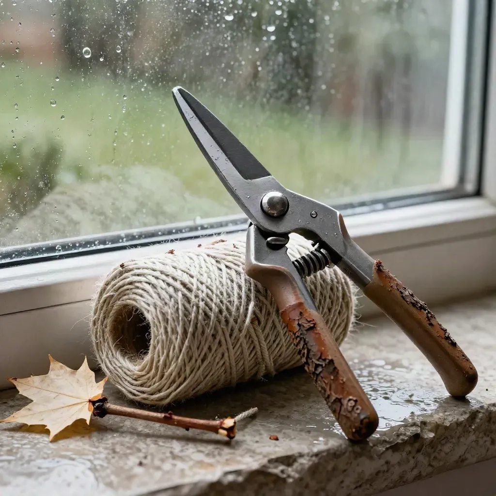 Rain-streaked glass reveals pruning shears, garden twine, and a fresh maple twig on a windowsill.