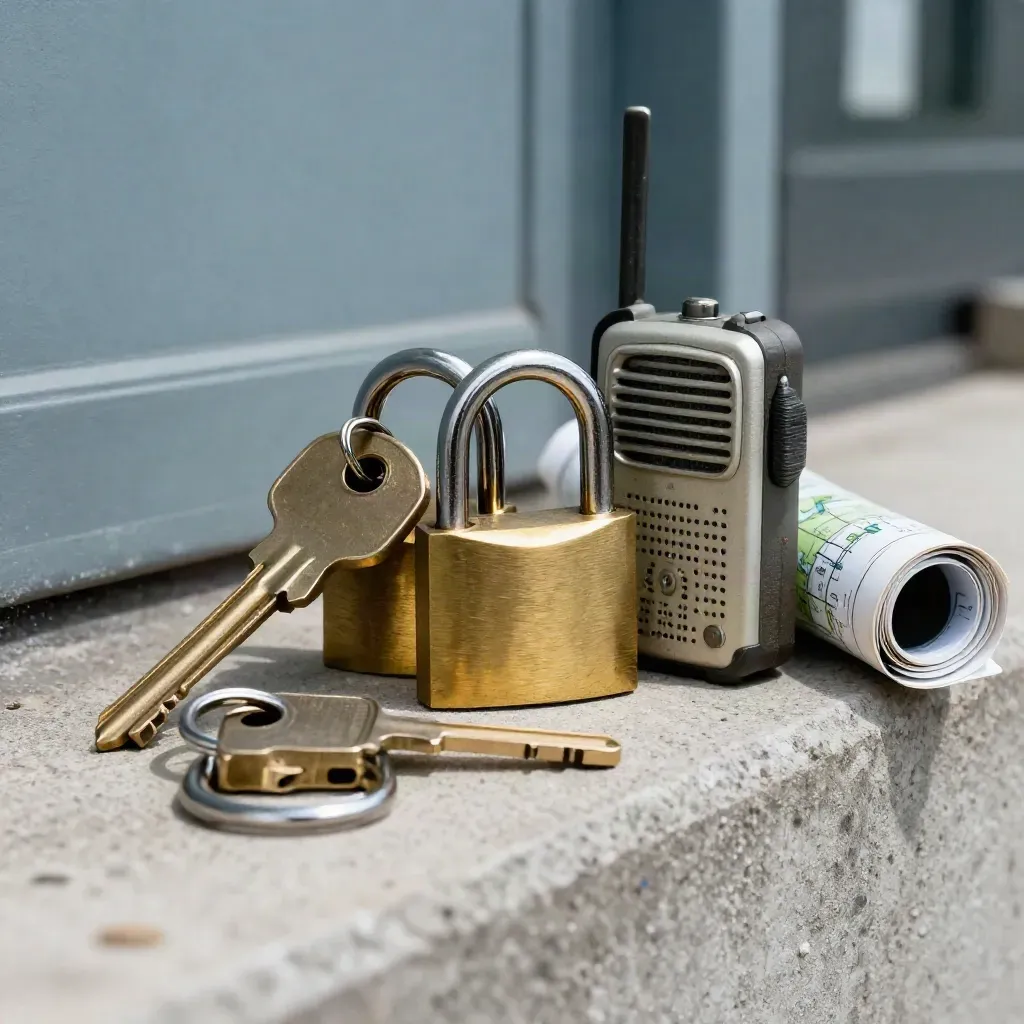 Keys, padlocks, radio, and map tube on a concrete ledge in dramatic light.
