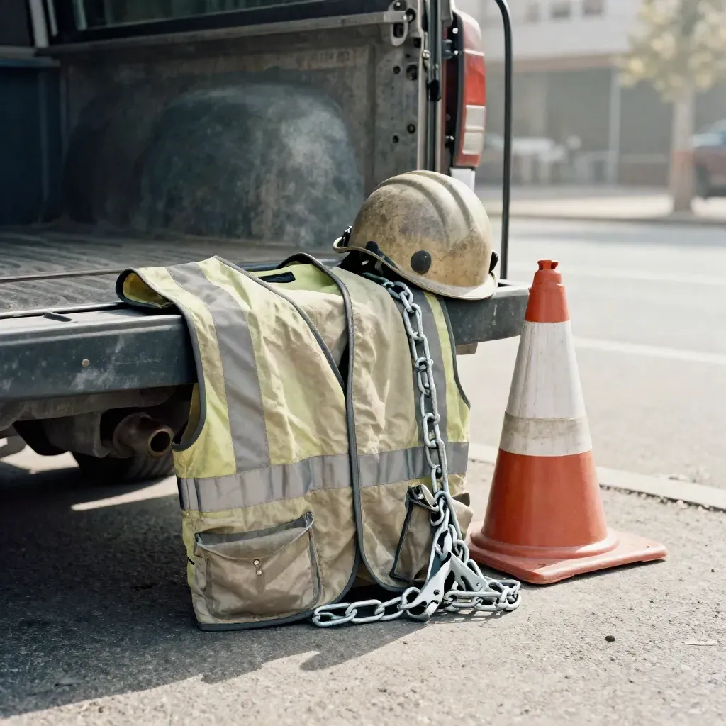 Arborist kit with vest, helmet, fence clip, and cone base on a truck bed