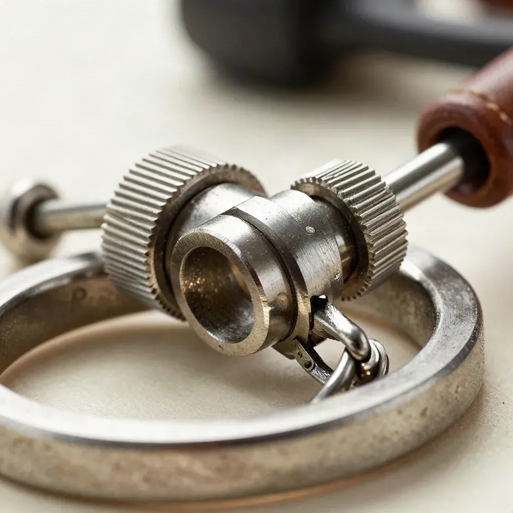 Macro of metal rings and connectors linked over brushed steel, lit softly from above.