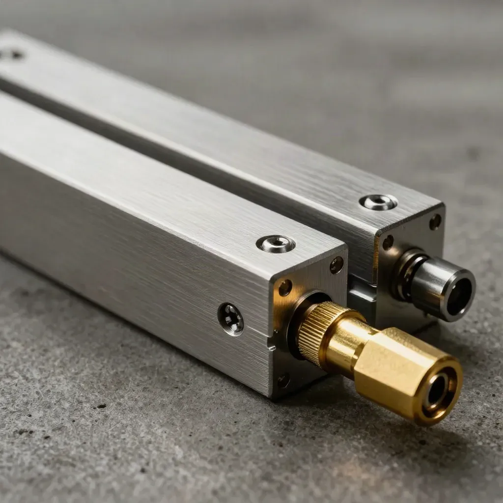 Steel modular connectors and spacers on dark concrete in a dramatic low-angle still life.
