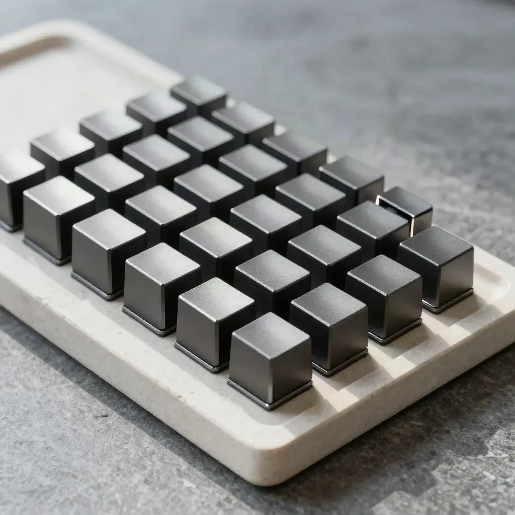 Top-down still life of graphite cubes, magnetic clips, and a stone tray on pale stone.