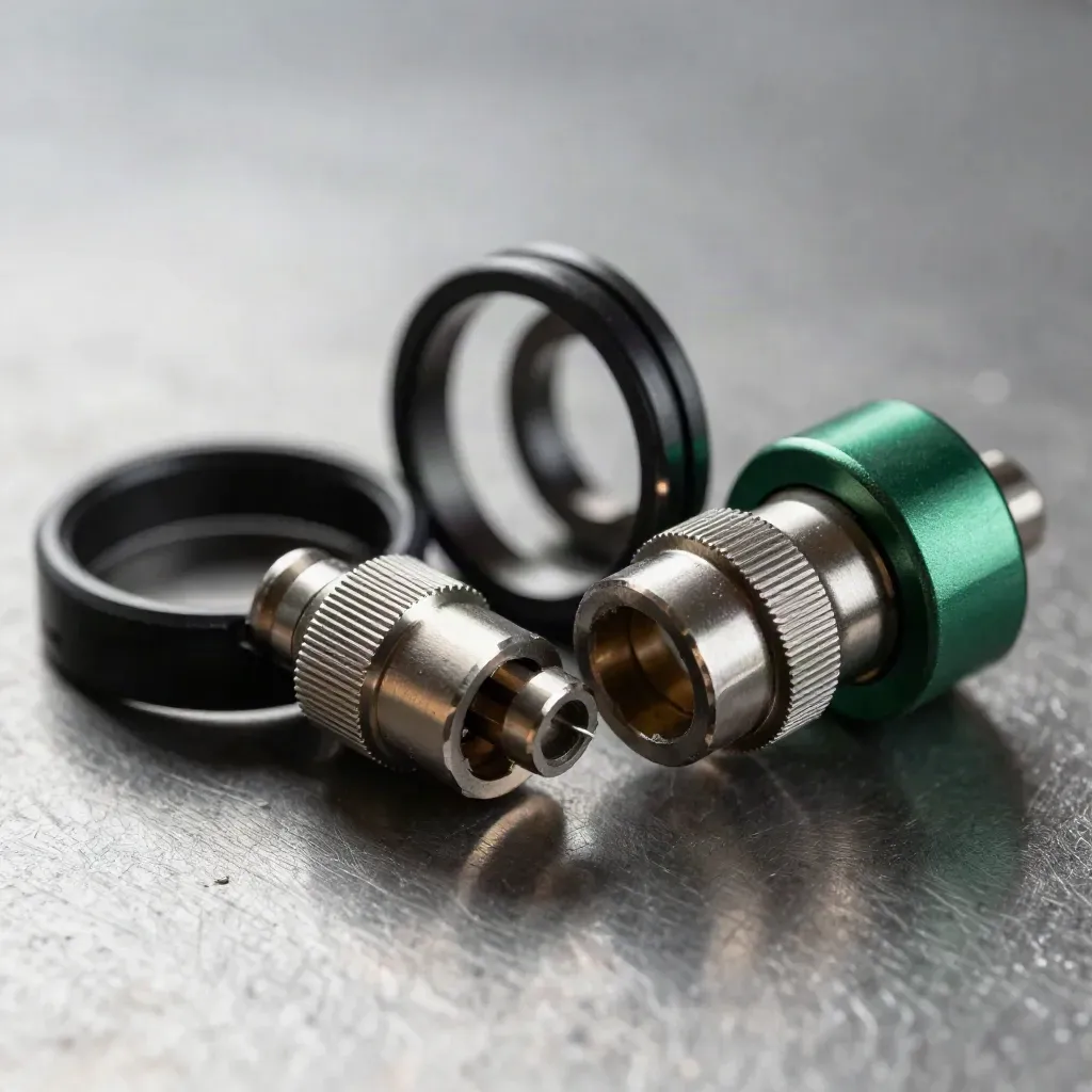Blackened connectors and a compact gear coupling crossing a brushed-metal surface in soft daylight