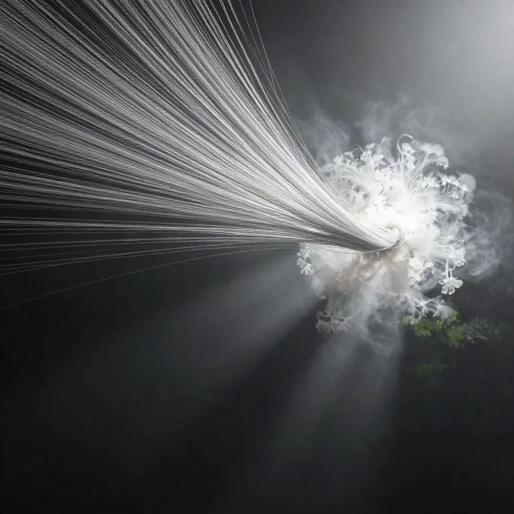 Silver filaments converge into a white bloom in dark graphite haze with drifting motes